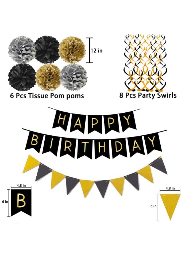Mordely Black Happy Birthday Banner with Black Gold Paper Flag Bunting Paper Swirl Streamers Pom Poms for Decorations - Image 3